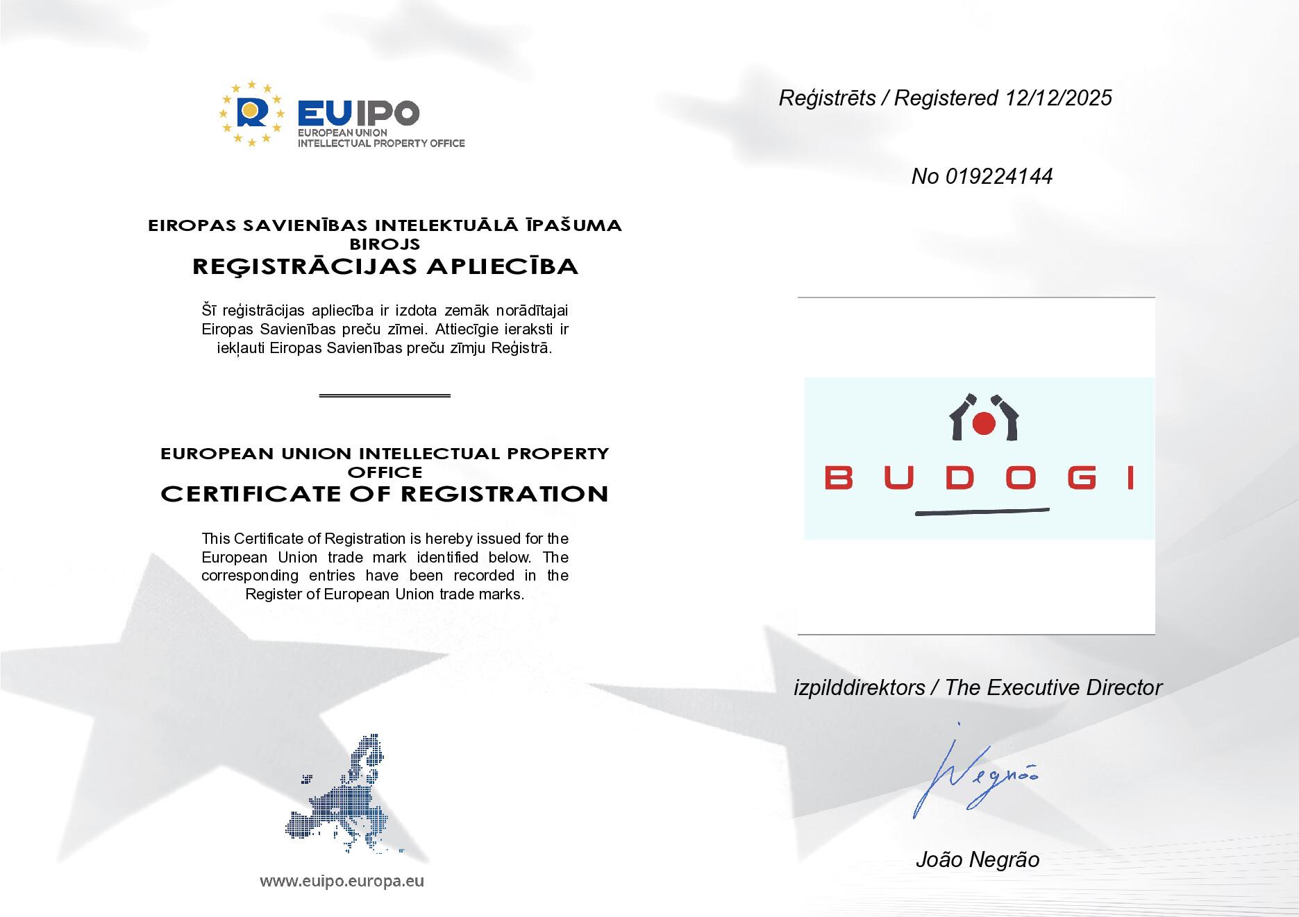 BUDOGI registered trademark certificate EUIPO 019224144